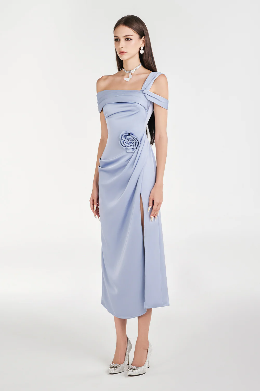 Dinna Slit Asymmetric Neck Silk Calf Length Dress