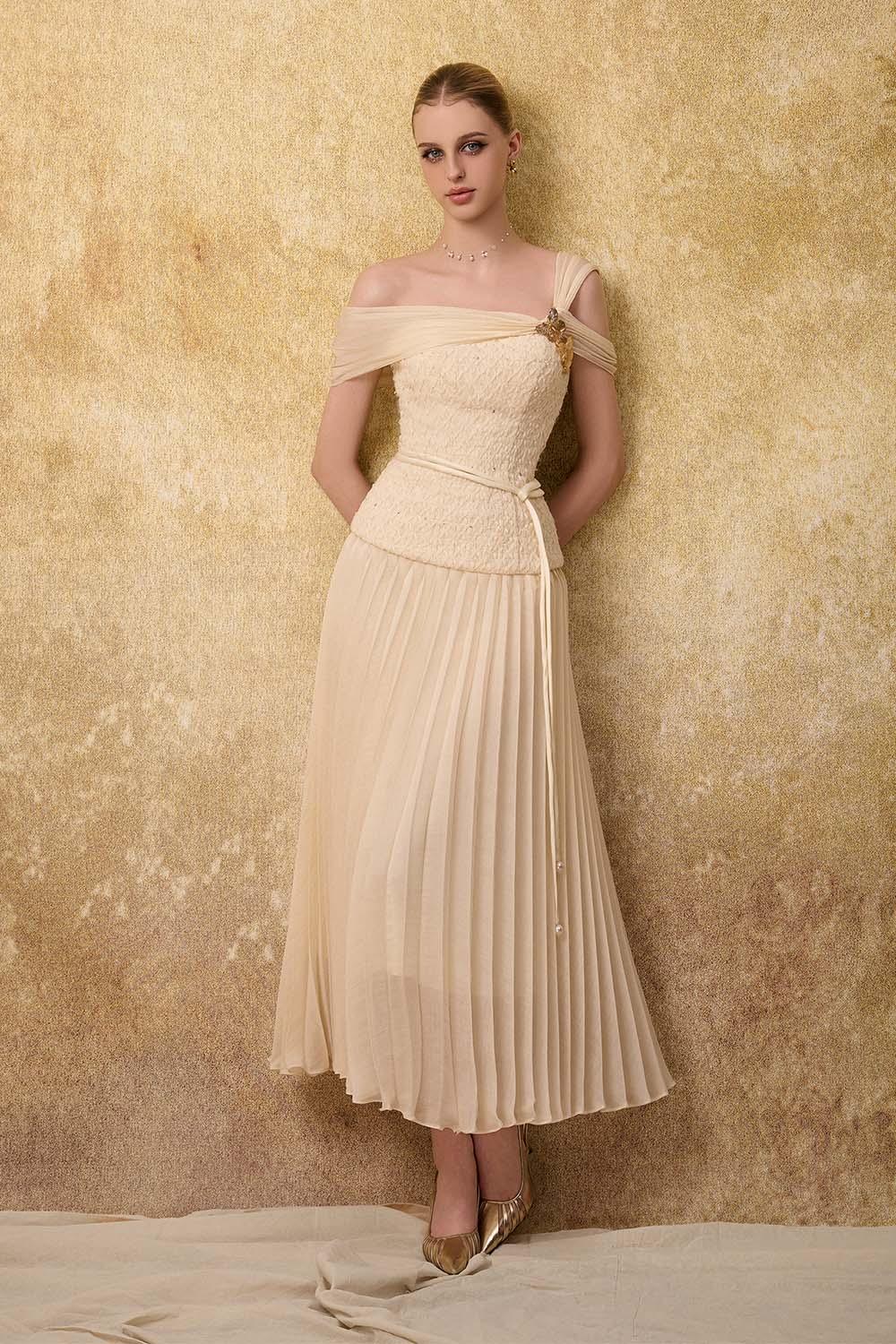 Sovere Flared Knife-Pleated Crepe Ankle Length Dress