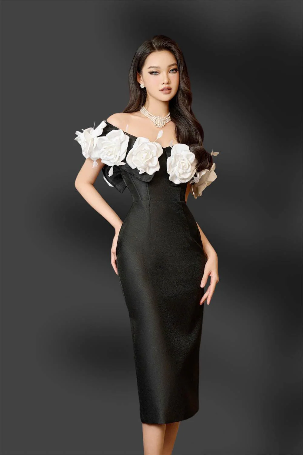 Riri Rose Hourglass Off-Shoulder Taffeta Midi Dress