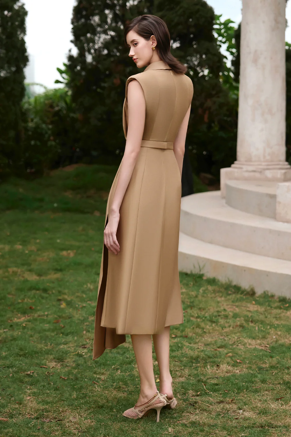 Camel V-Neck Pleated Midi Dress