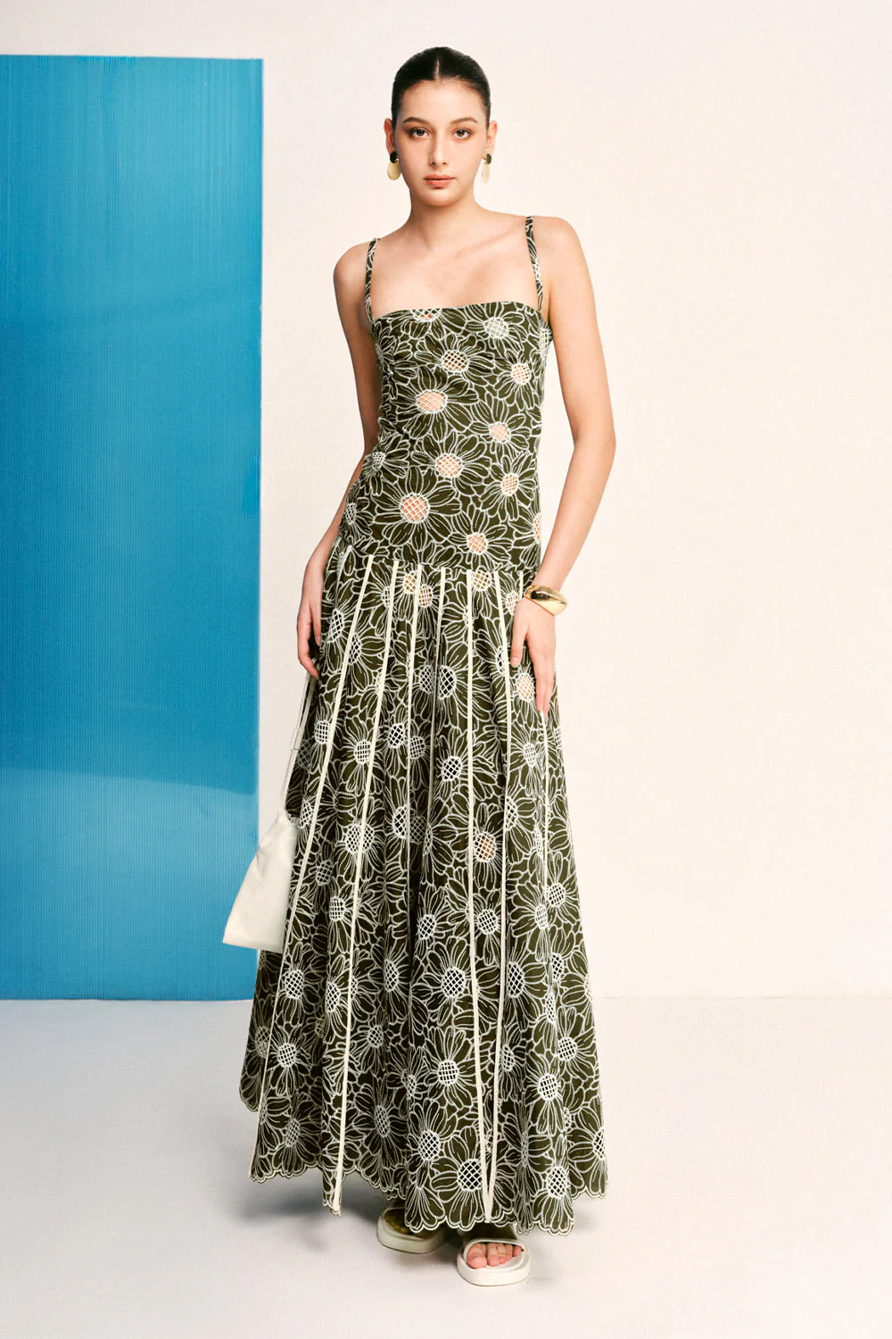 Sunflower Drop Waist Square Neck Embroidered Cotton Maxi Dress