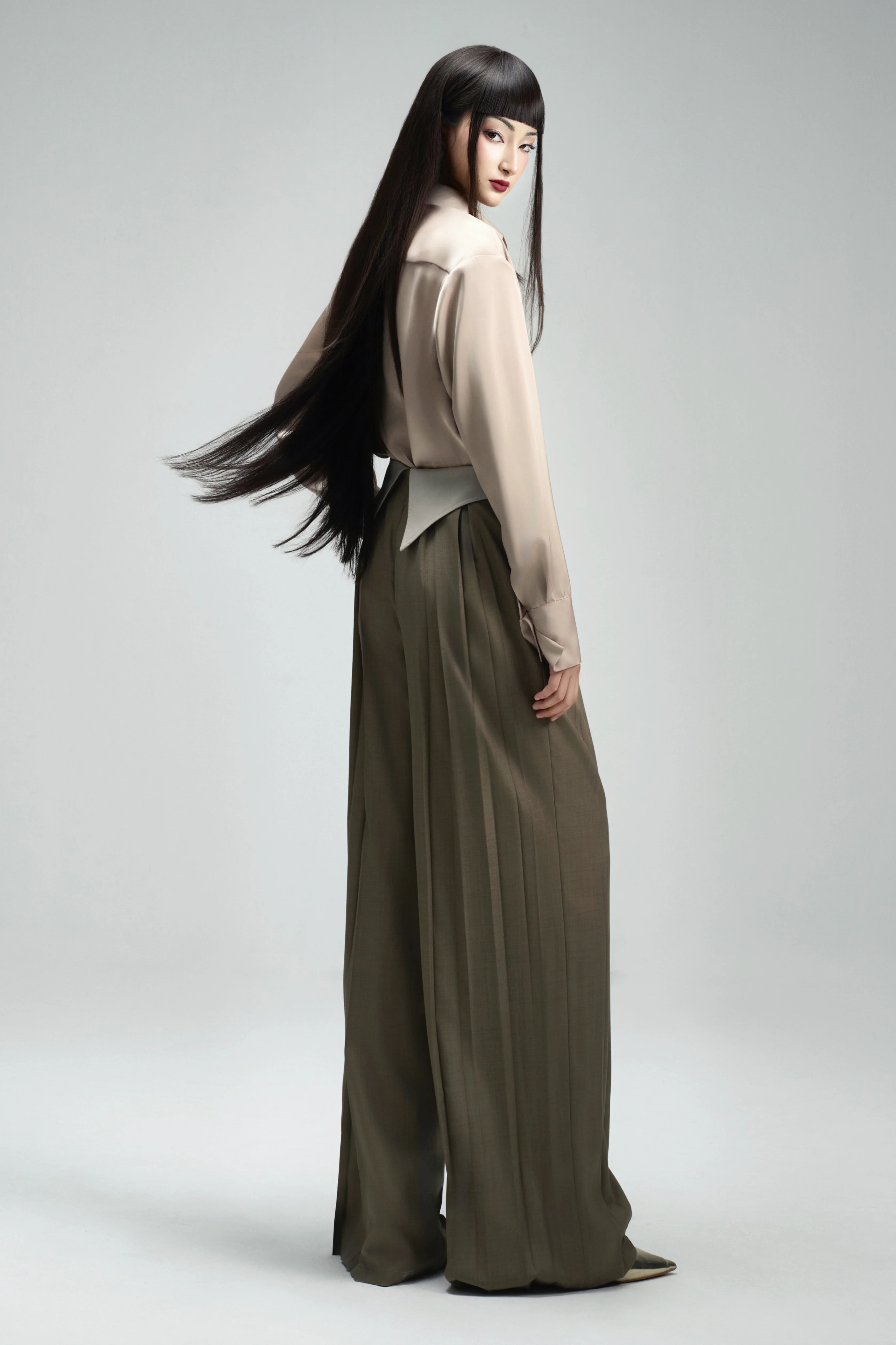 Francesca Straight Box Pleated Khaki Floor Length Pants