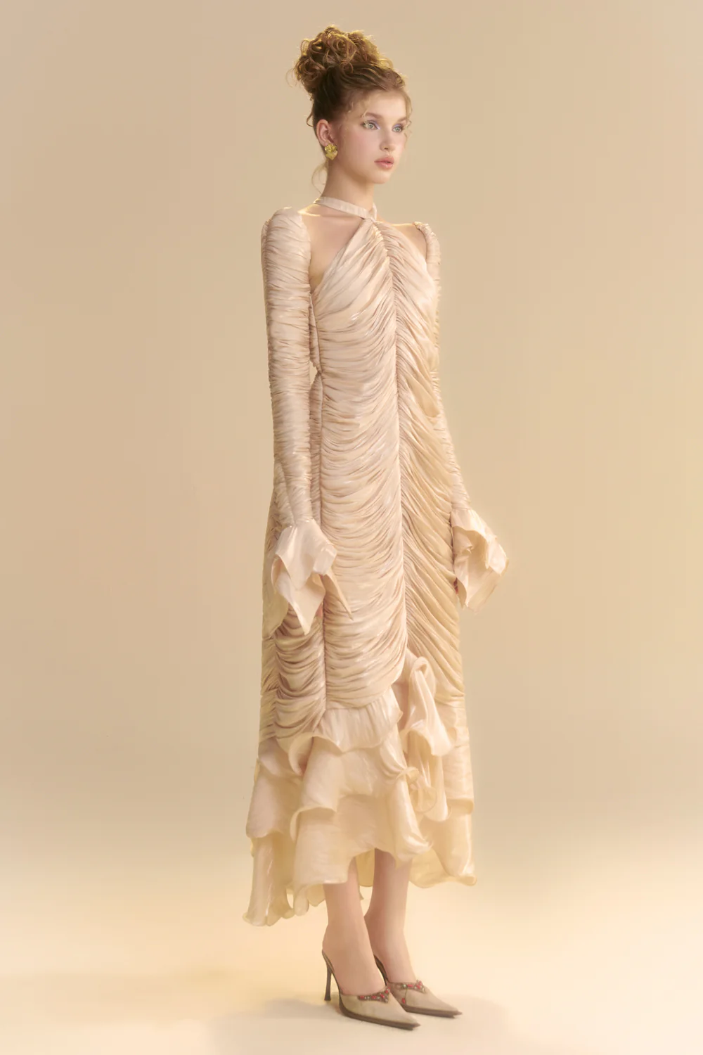 Solenne Halter Neck Ruffle Midi Dress