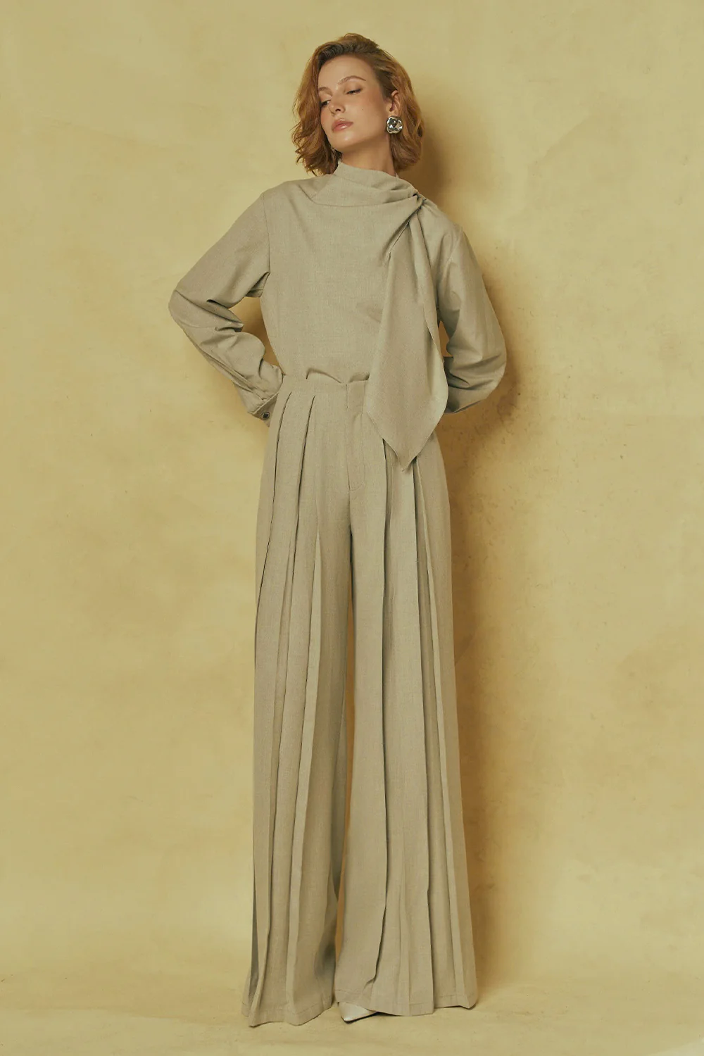 Serene Straight Pleated Cashmere Floor Length Pants