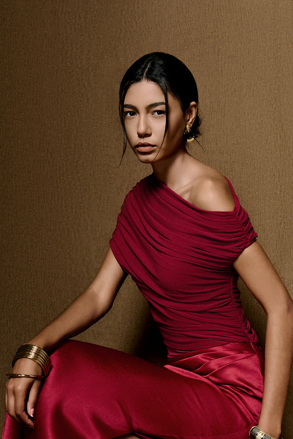 Enya Asymmetric Neck Gathering Maxi Dress