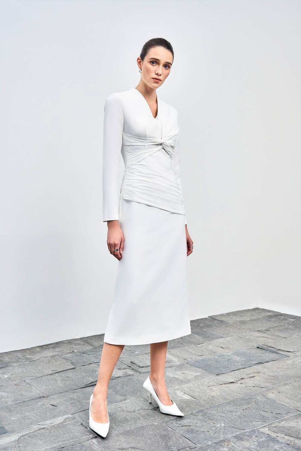 Elara Sheath V-Neck Cotton Blend Midi Dress