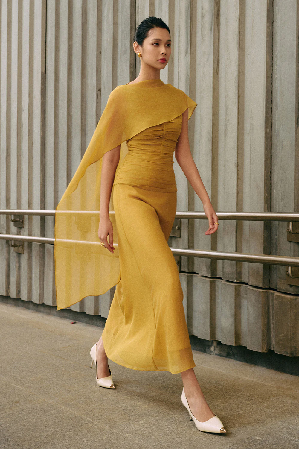 Cora A-line Cape Shoulder Floss Silk Maxi Dress