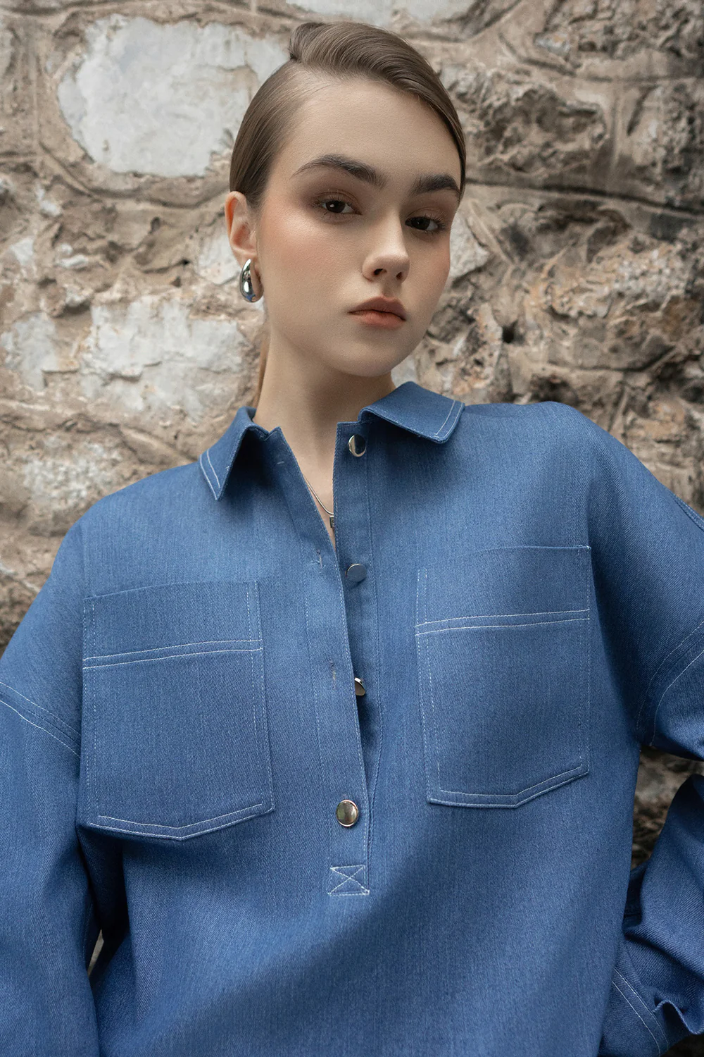 Vey Straight Collared Neck Denim Shirt