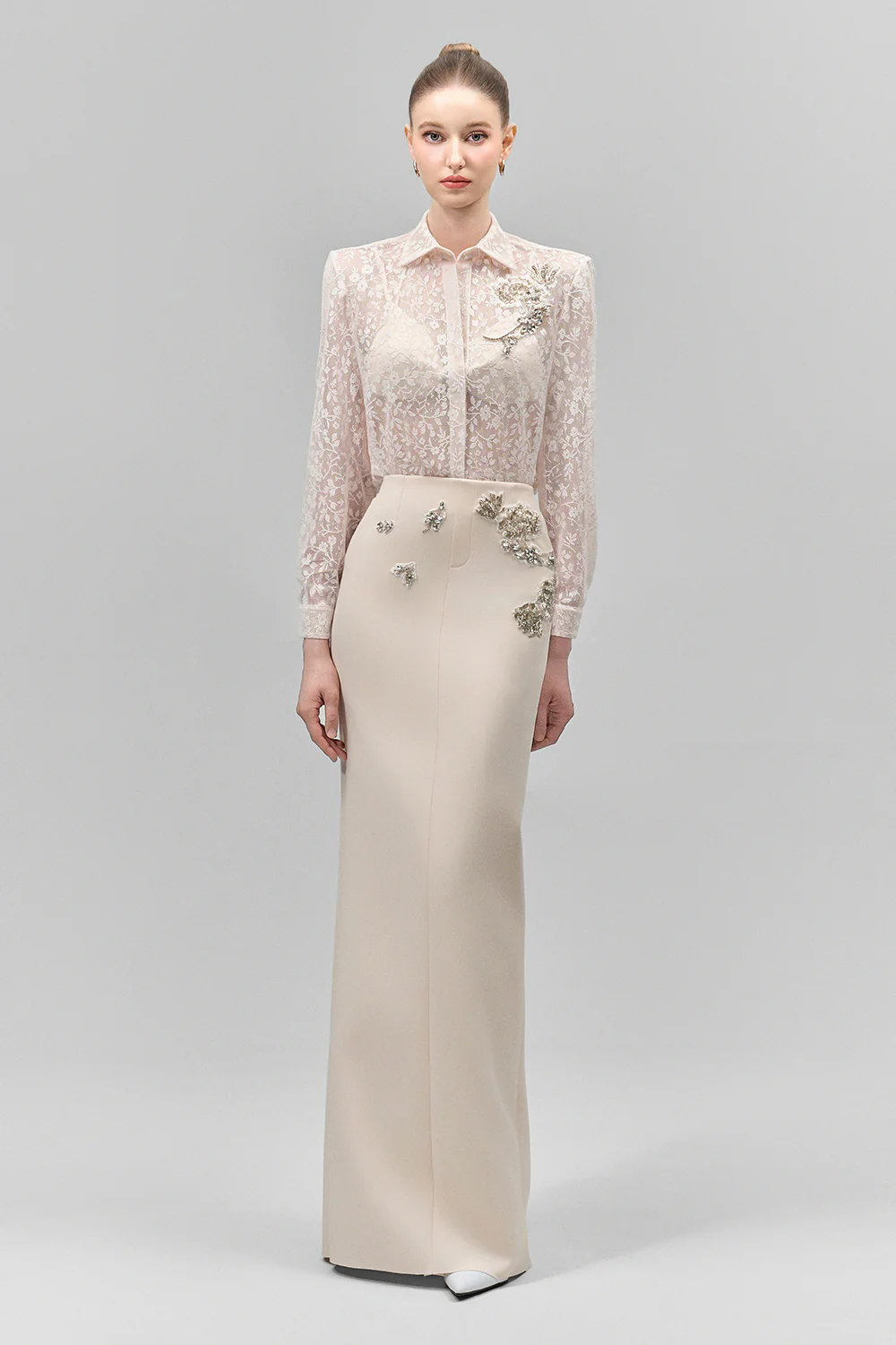 Vionne Straight Bead Crepe Floor Length Skirt