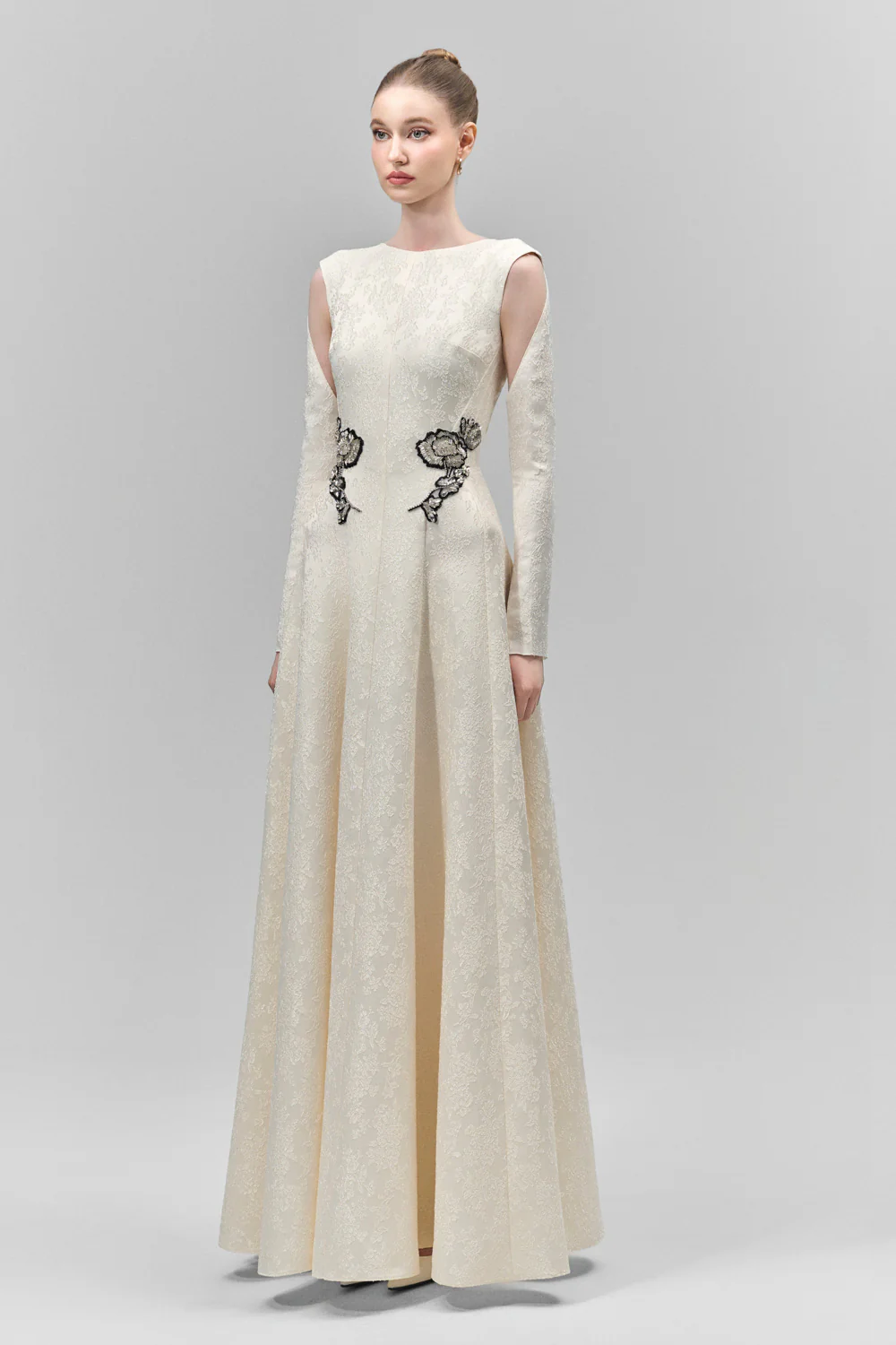 Velithia A-line Boat Neck Lace Floor Length Dress