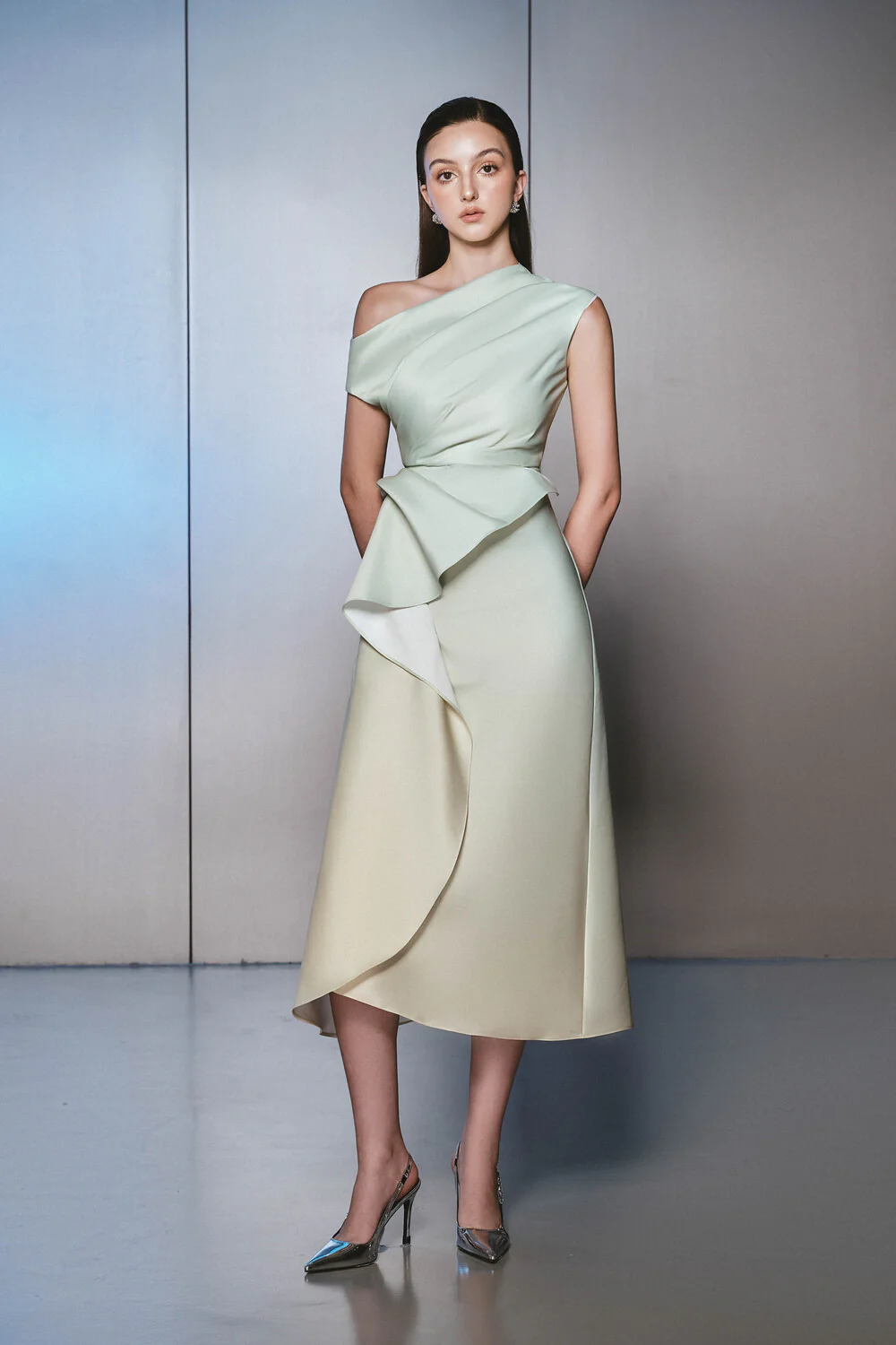 Daplon A-line Asymmetric Neck Taffeta Midi Dress