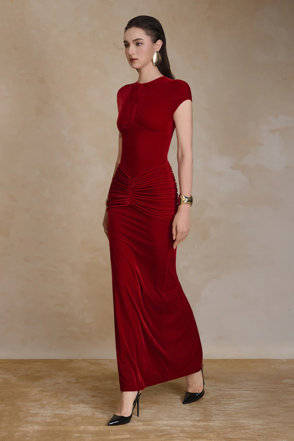 Umber Sheath Gathering Maxi Dress