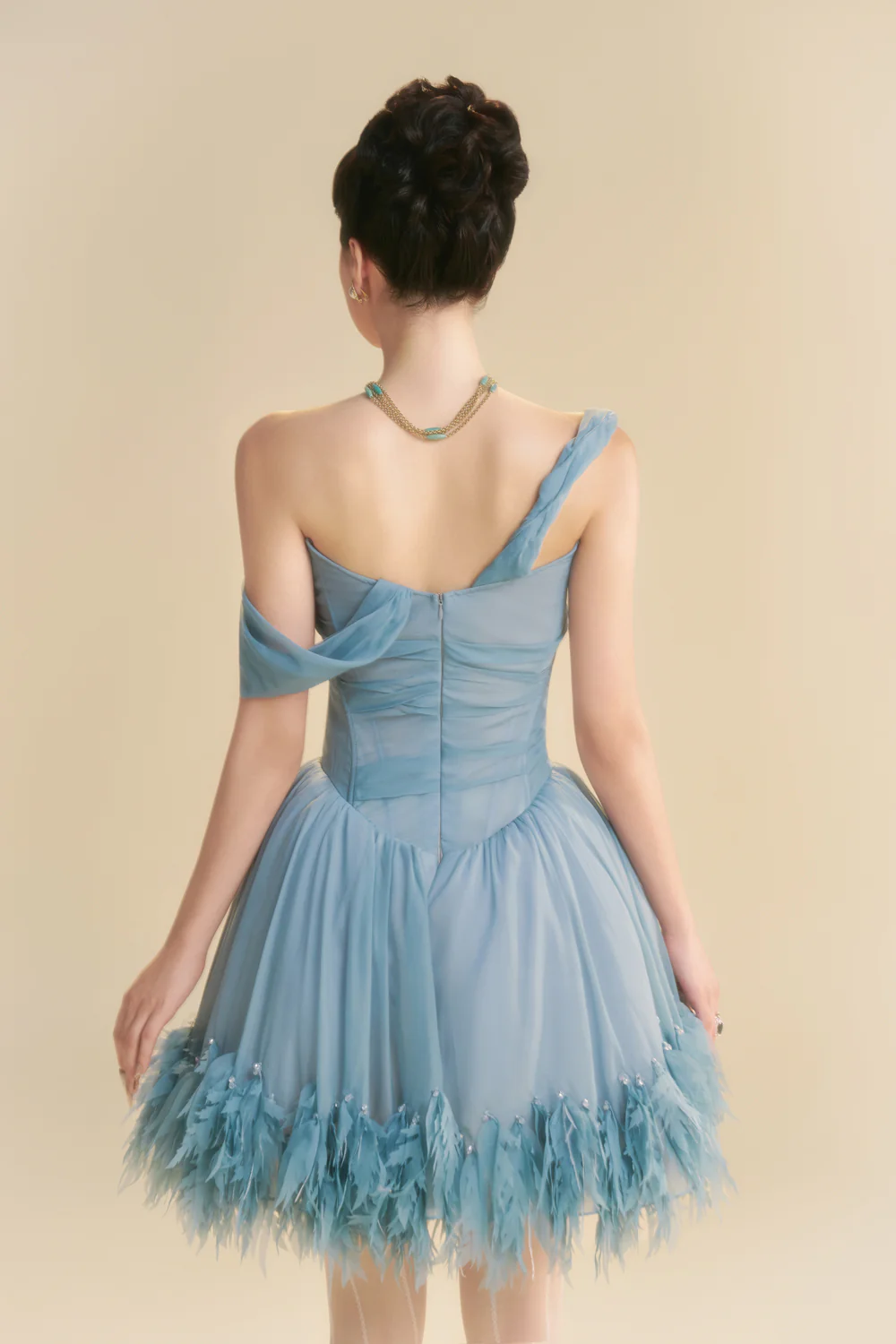 Nuvielle Asymmetric Neck Feather Mini Dress