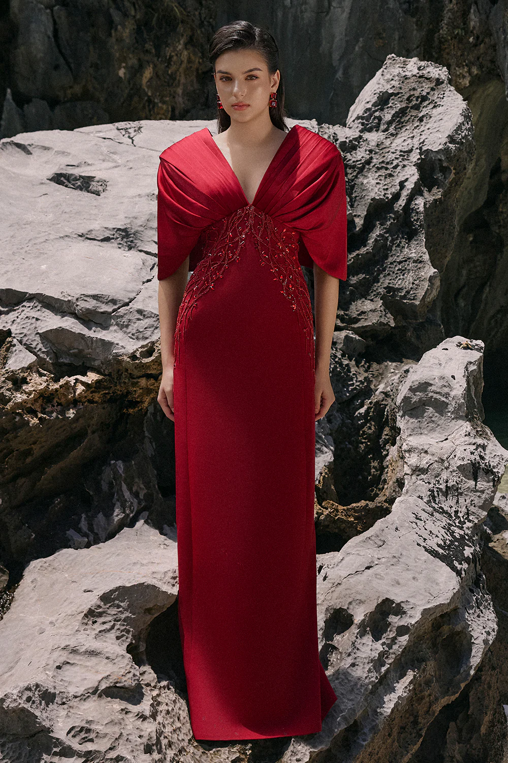 Alaia Sheath Cape Sleeved Crepe Floor Length Dress