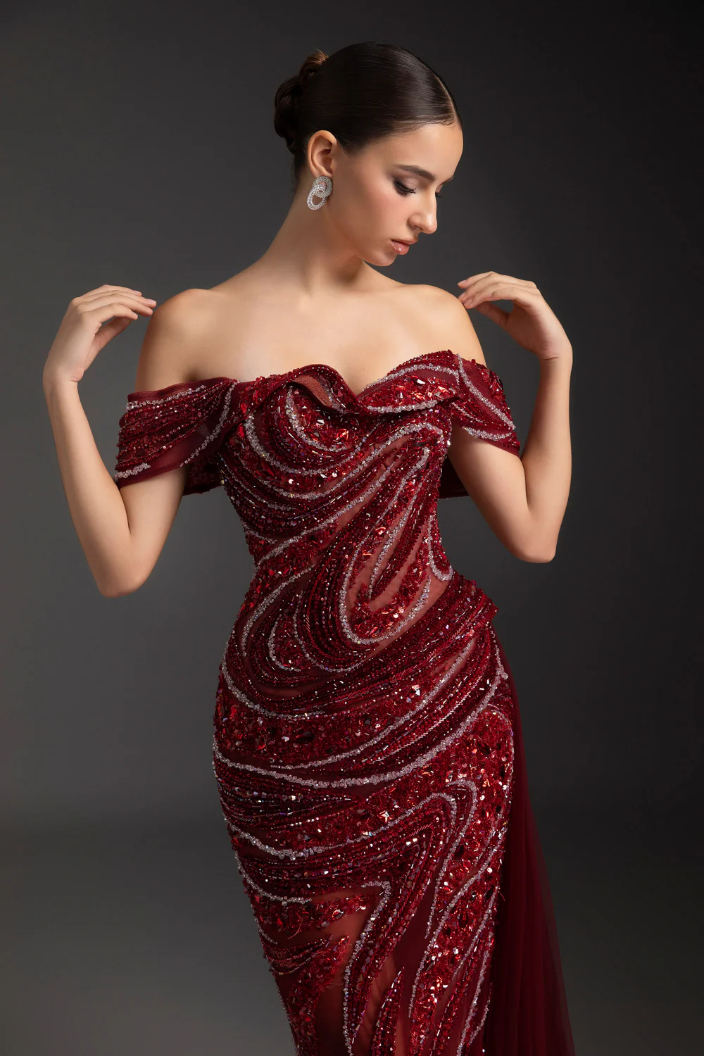 Scarlet Off-Shoulder Rhinestone Maxi Dress
