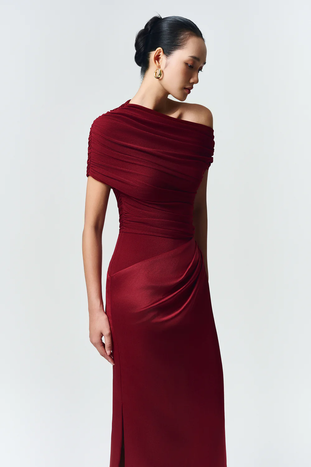 Enya Asymmetric Neck Gathering Maxi Dress