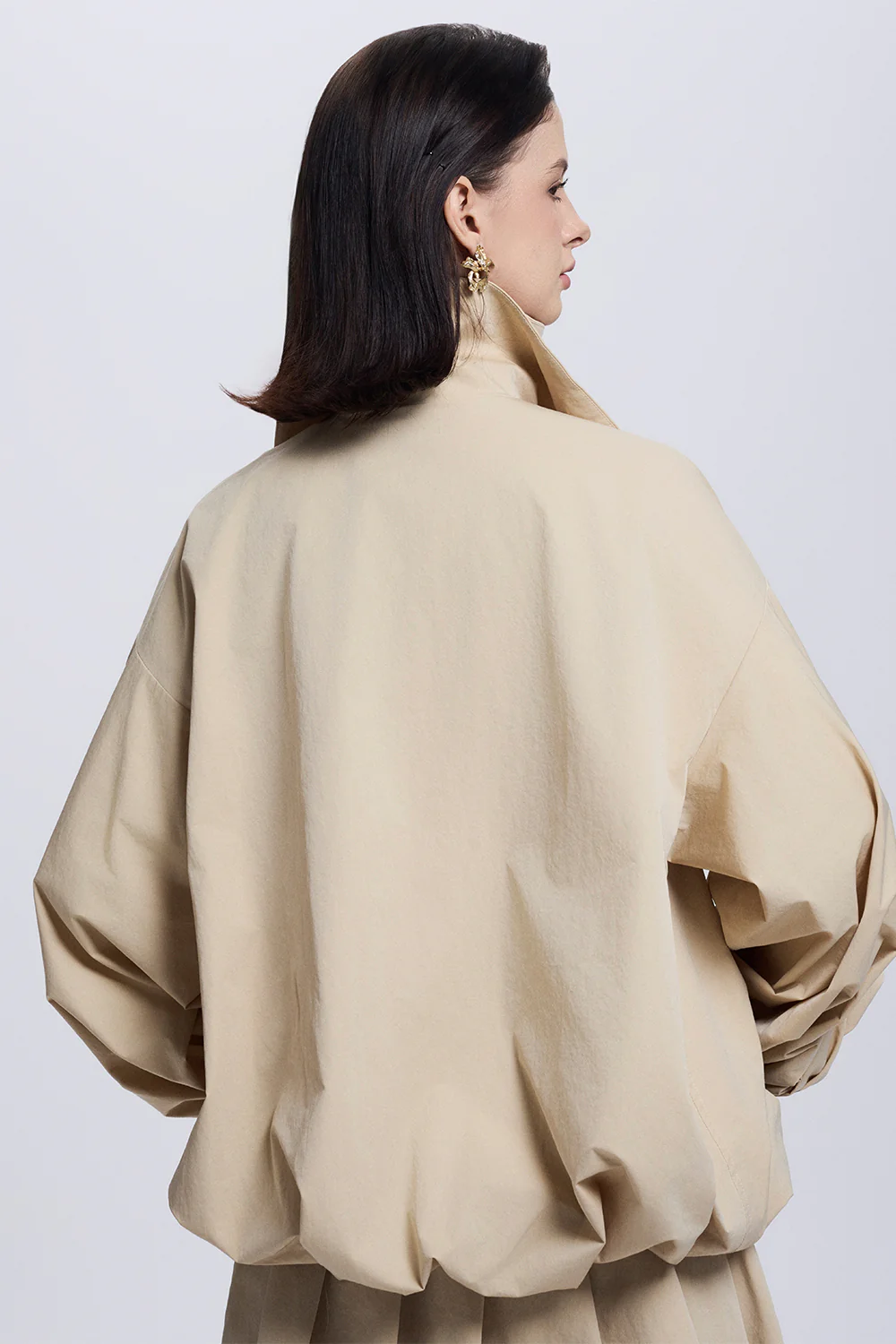 Clara Blouson Cuff Sleeved Khaki Silk Jacket