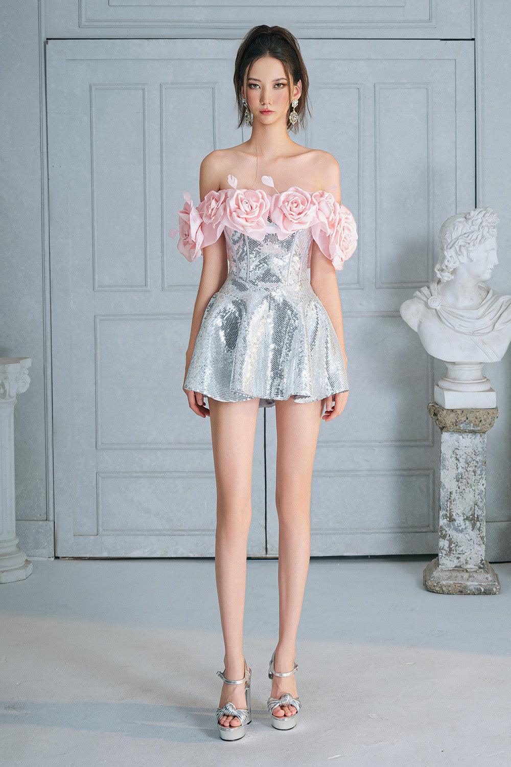 Mina Rose Fit and Flare Off-Shoulder Sequin Mini Dress