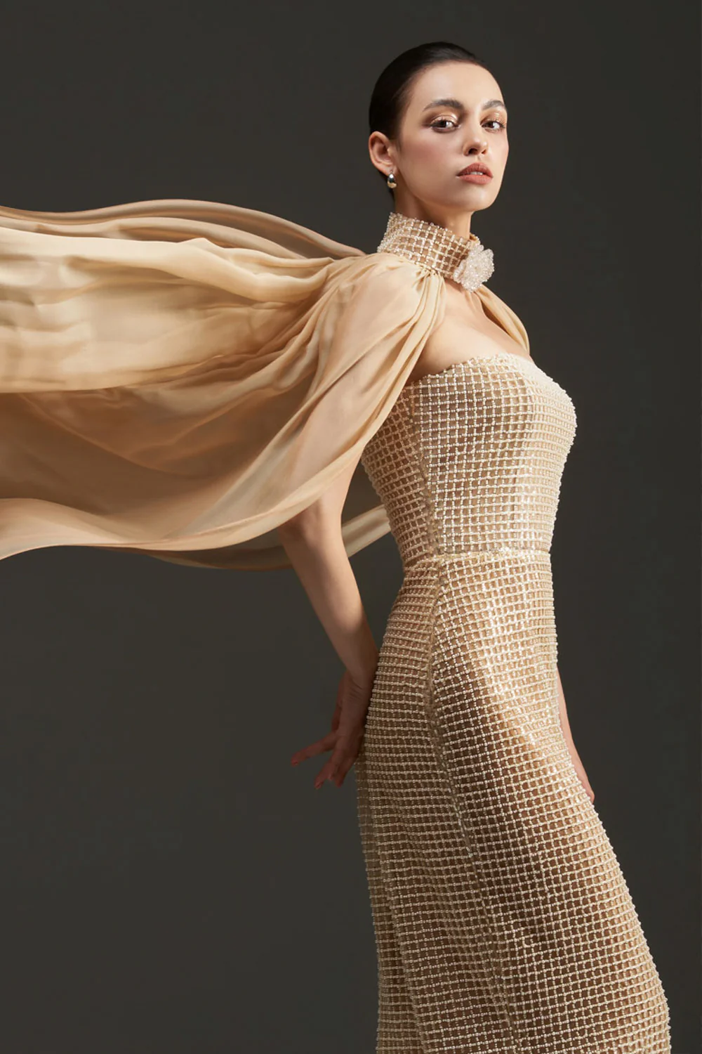 Avianna Cape Sleeves Bead Maxi Dress