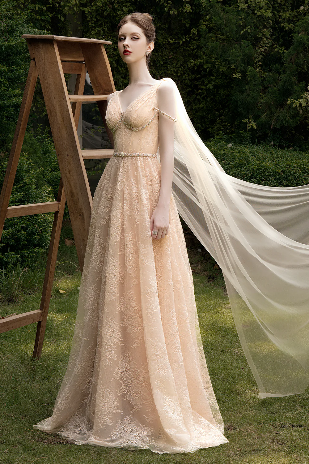 Solenne A-line V-Neck Chantilly Lace Maxi Dress