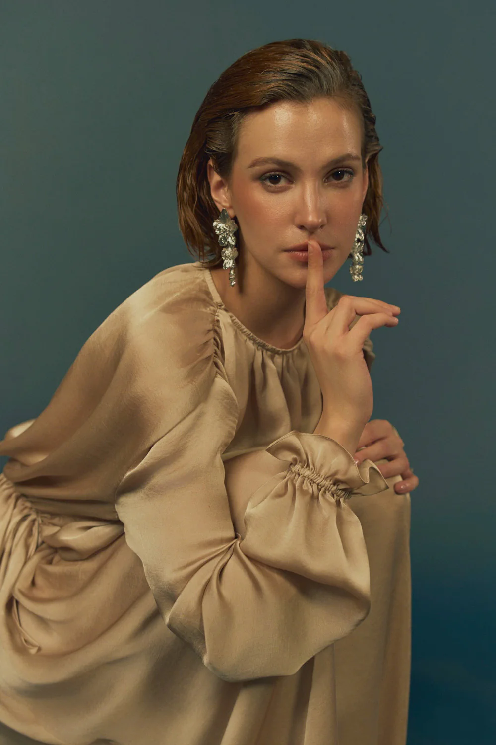 Haze Blouson Bishop Sleeved Poly Silk Maxi Dress