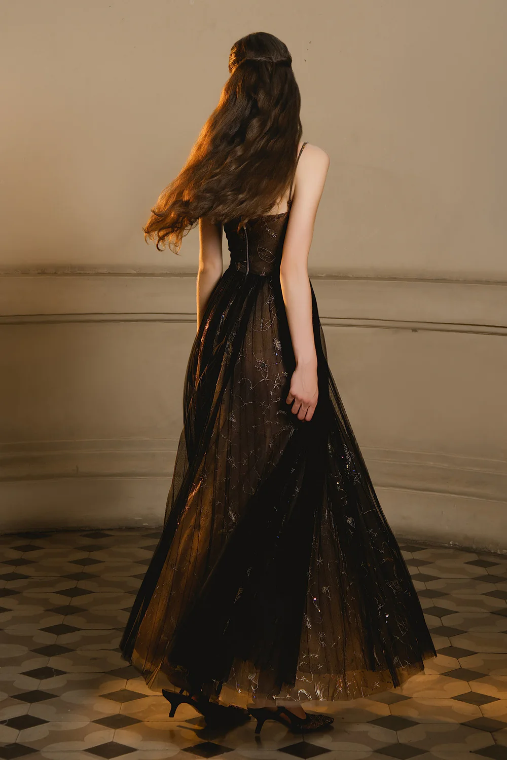 Delin A-line Spaghetti Strap Mesh Maxi Dress