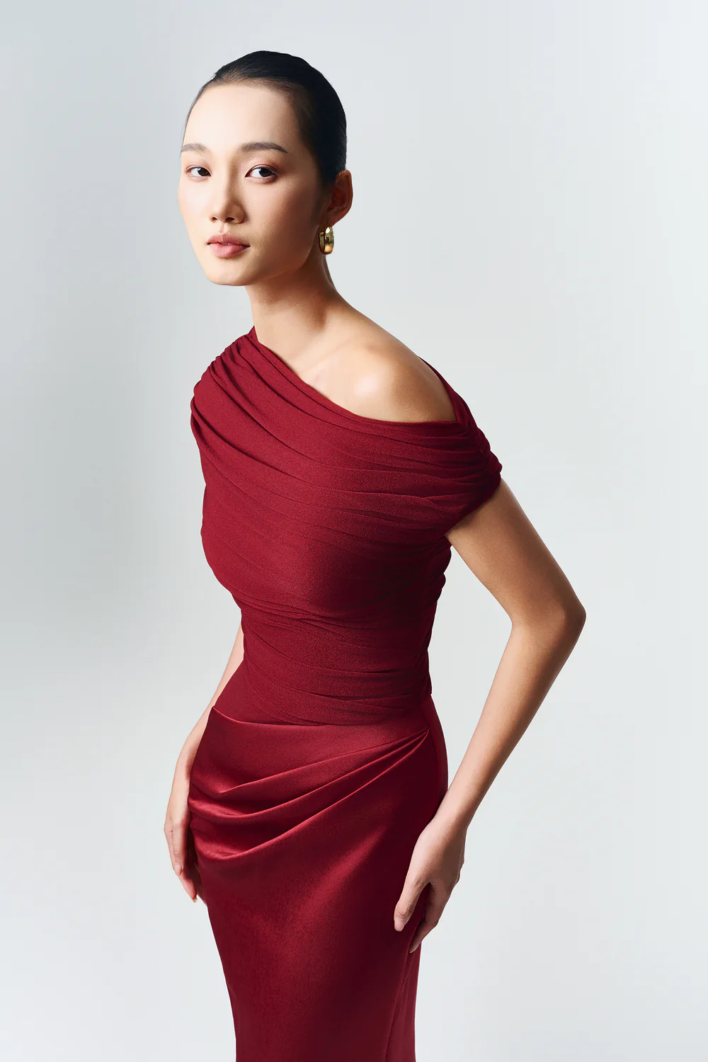 Enya Asymmetric Neck Gathering Maxi Dress