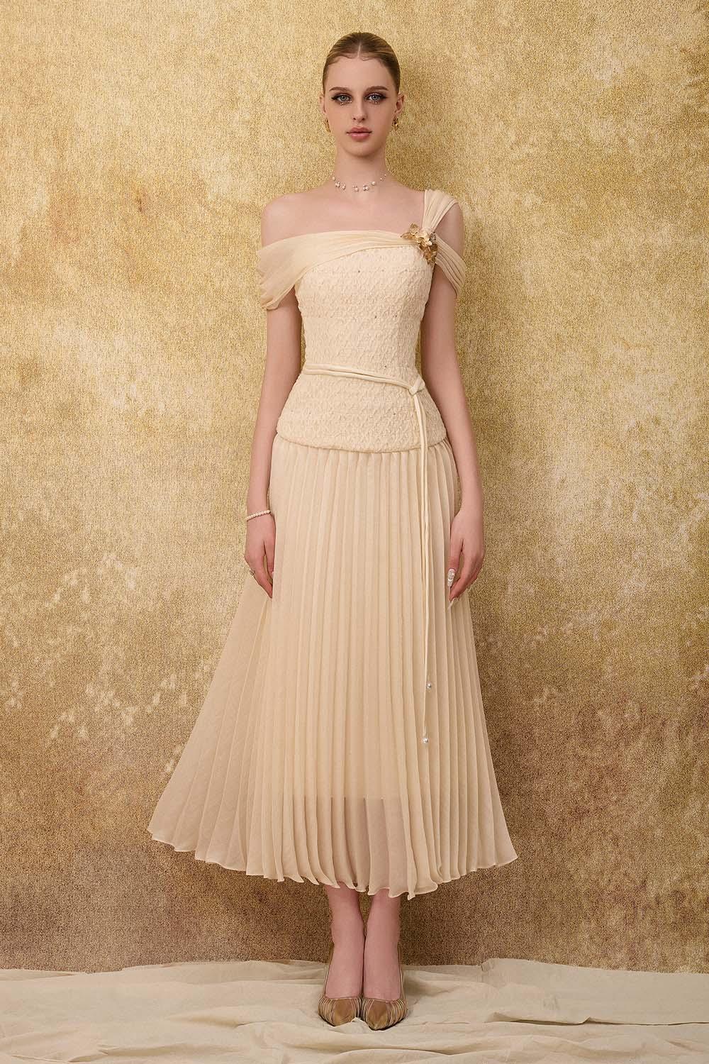 Sovere Flared Knife-Pleated Crepe Ankle Length Dress