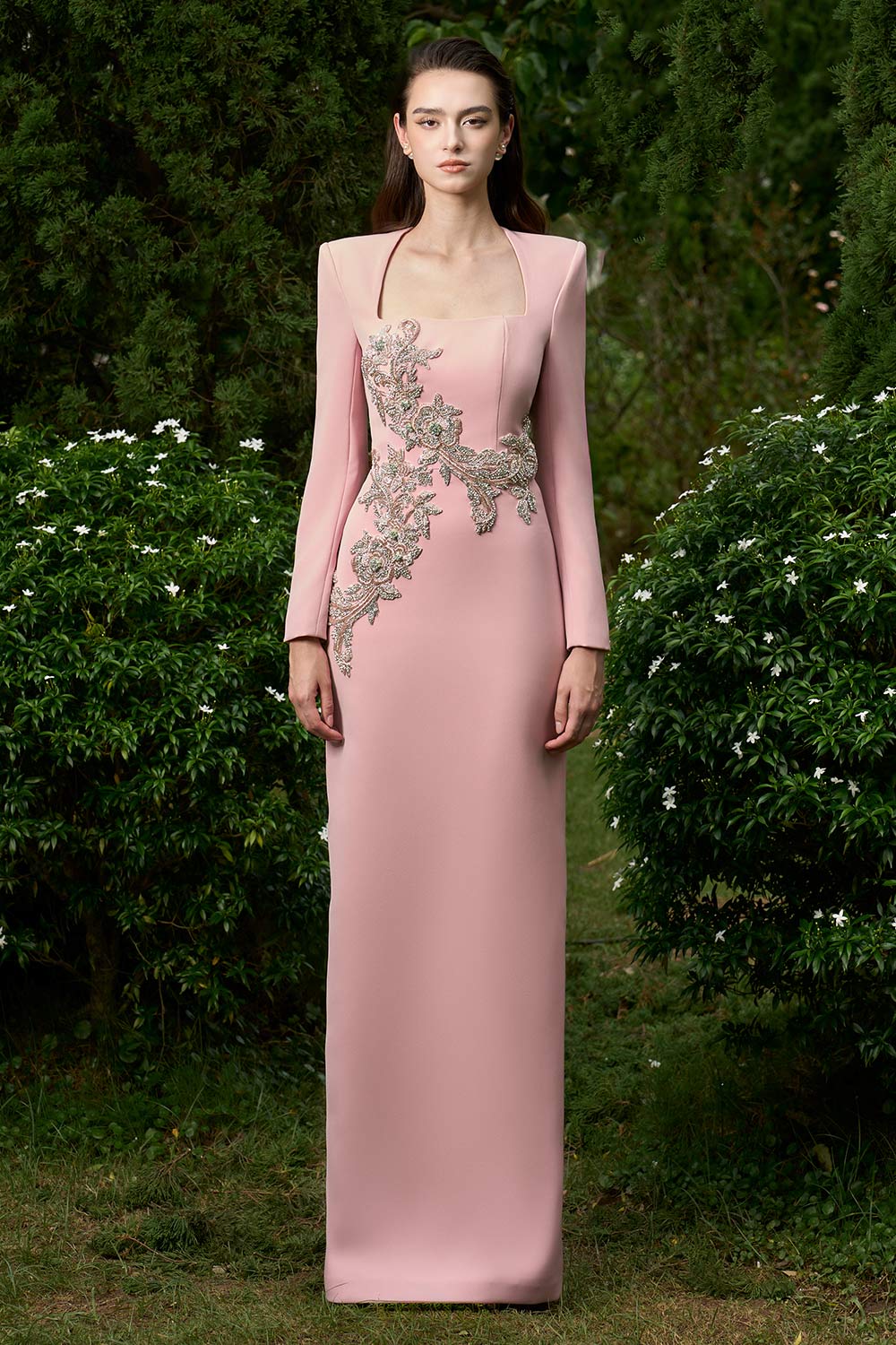 Cheyenne Sheath Queen Anne Neck Crepe Floor Length Dress