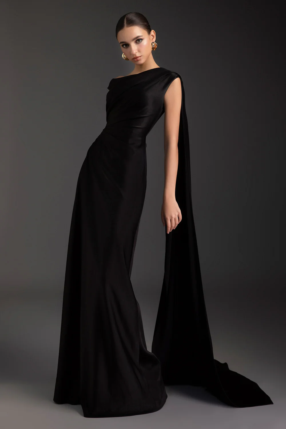 Grecian Asymmetric Neck Draped Maxi Dress