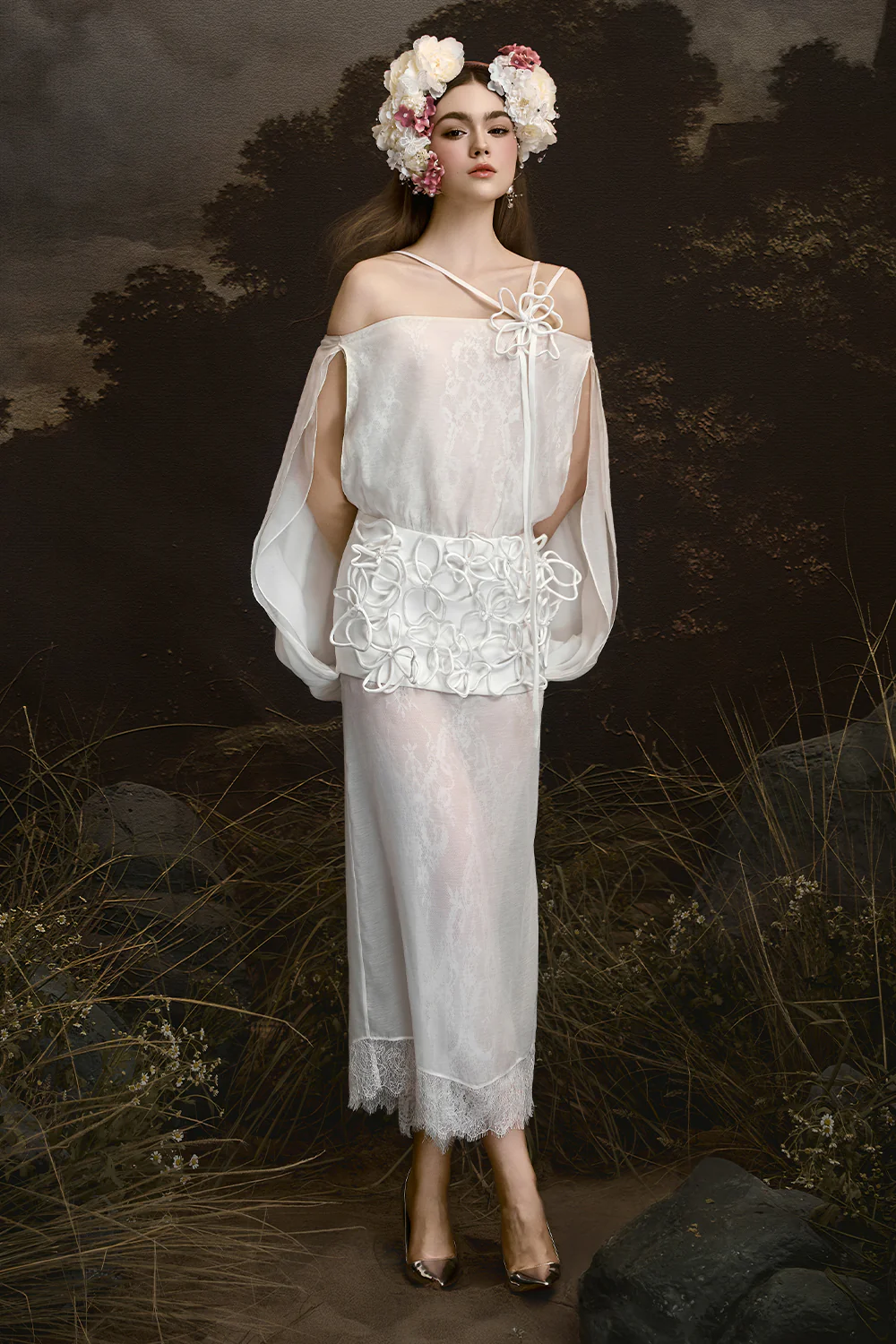 Eternal Muse Off-Shoulder Gathering Midi Dress