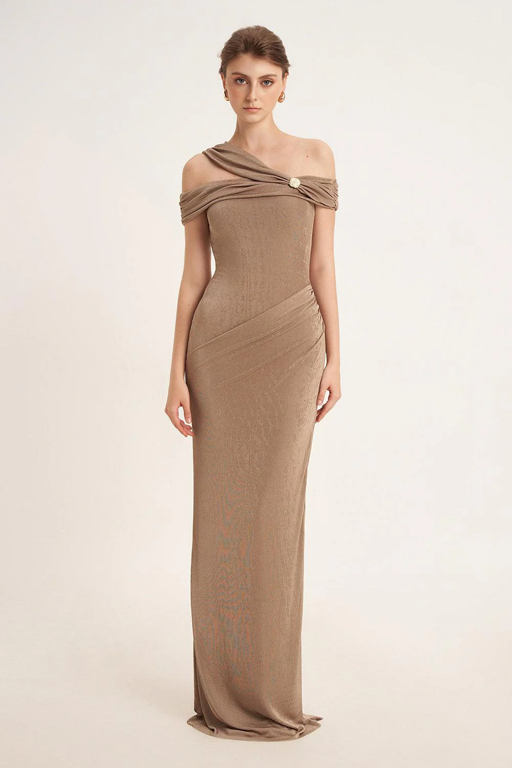 Plumeria Sheath Cold Shoulder Sleeved Elastic Cotton Floor Length Dress