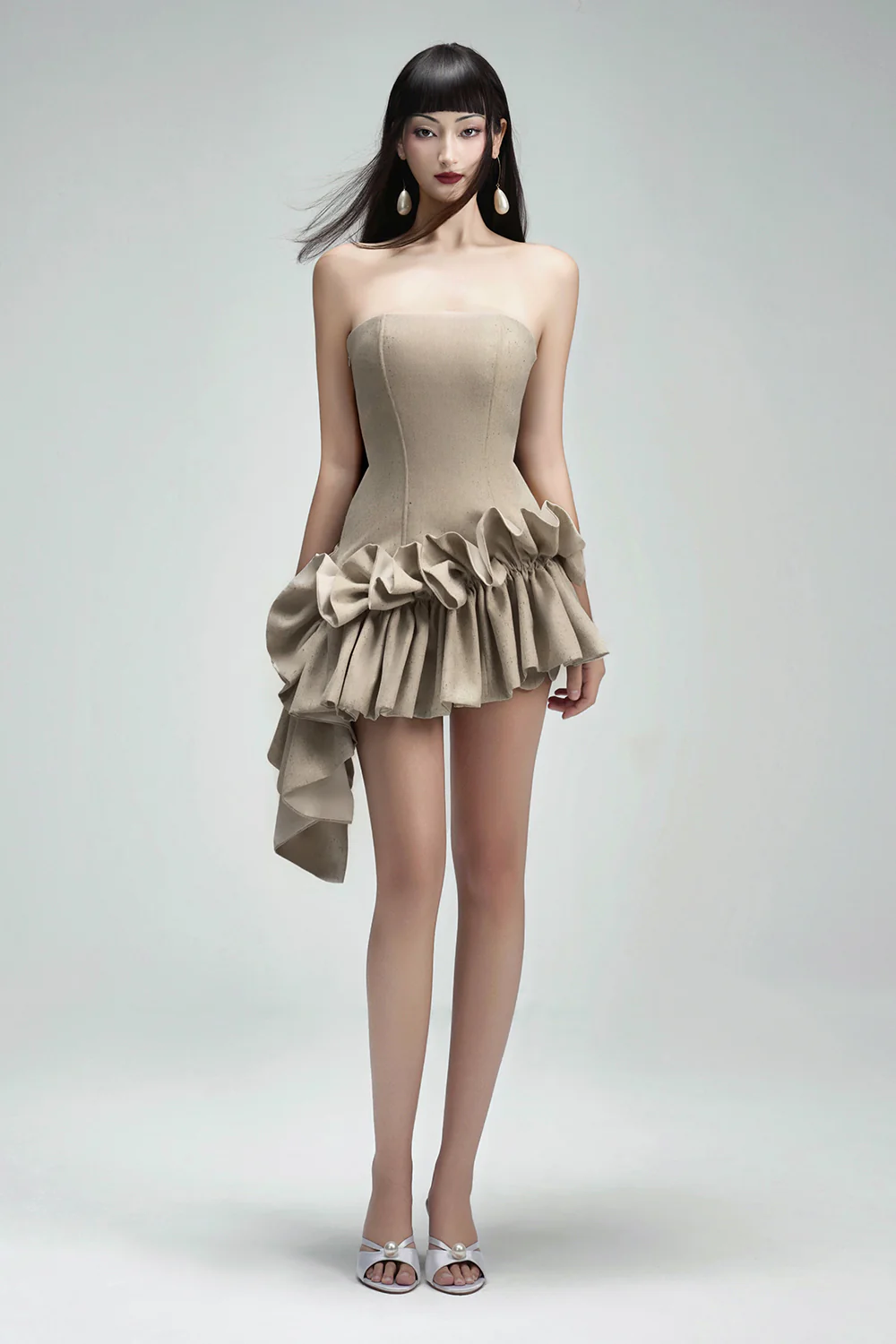 Seaweed Asymmetric Straight Across Neck Twill Mini Dress