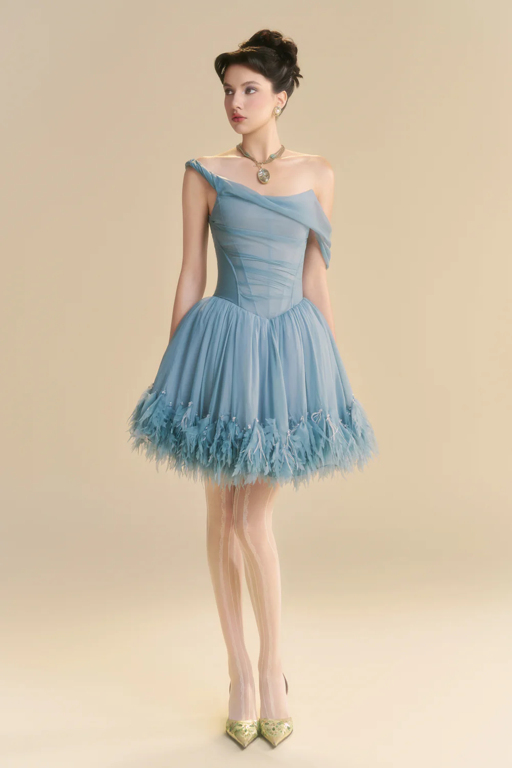 Nuvielle Asymmetric Neck Feather Mini Dress