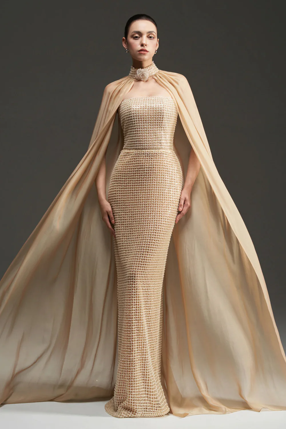 Avianna Cape Sleeves Bead Maxi Dress