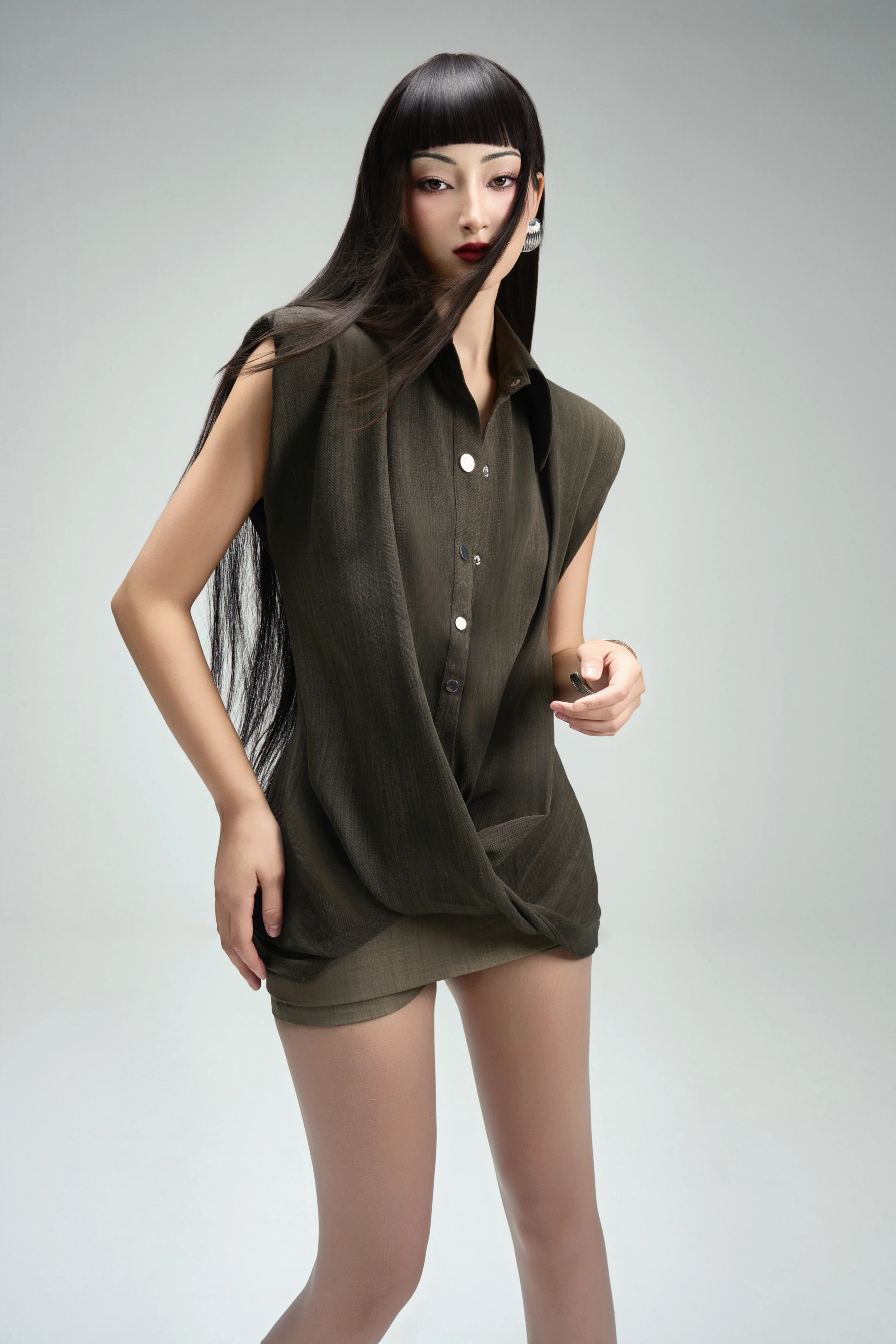 Iron Bodycon Back Zipper Crinkle Crepe Mini Skort