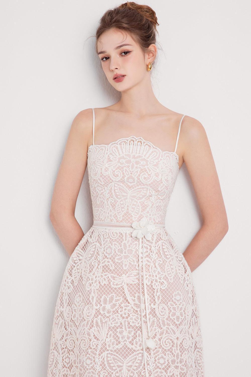 Gladys A-line Sleeveless Mesh Lace Midi Dress