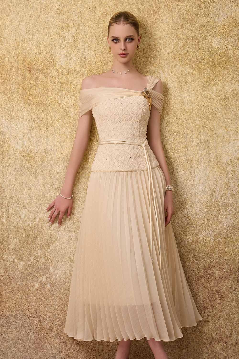 Sovere Flared Knife-Pleated Crepe Ankle Length Dress