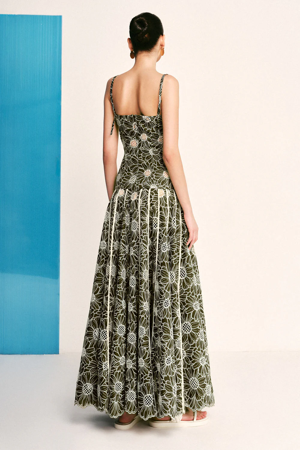 Sunflower Drop Waist Square Neck Embroidered Cotton Maxi Dress