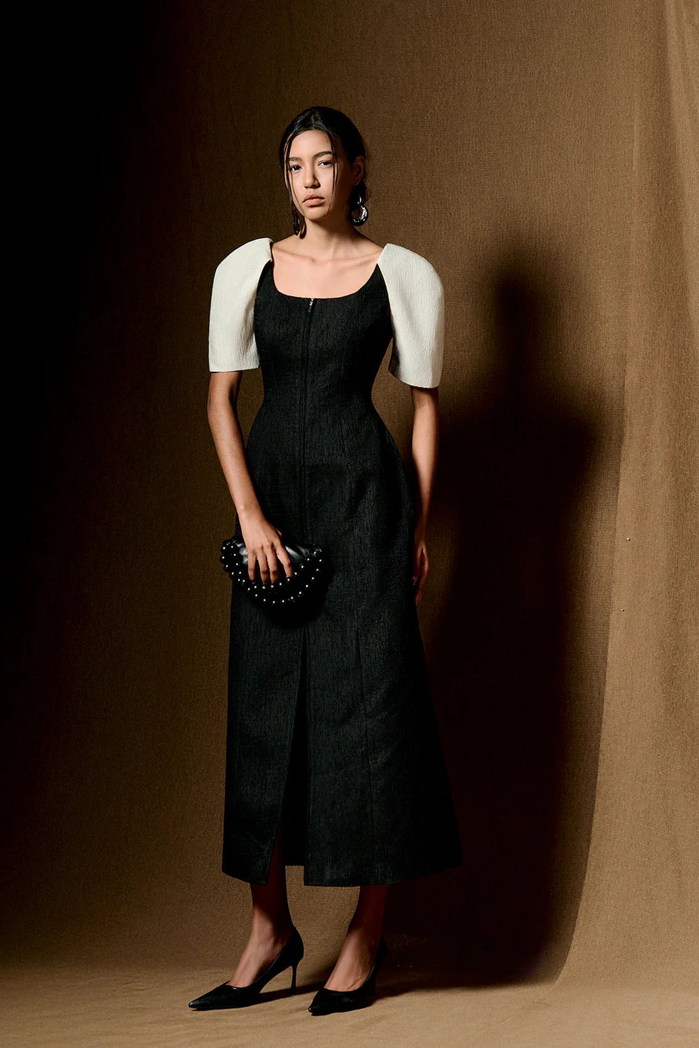 Maia Puff Sleeve Jacquard Midi Dress