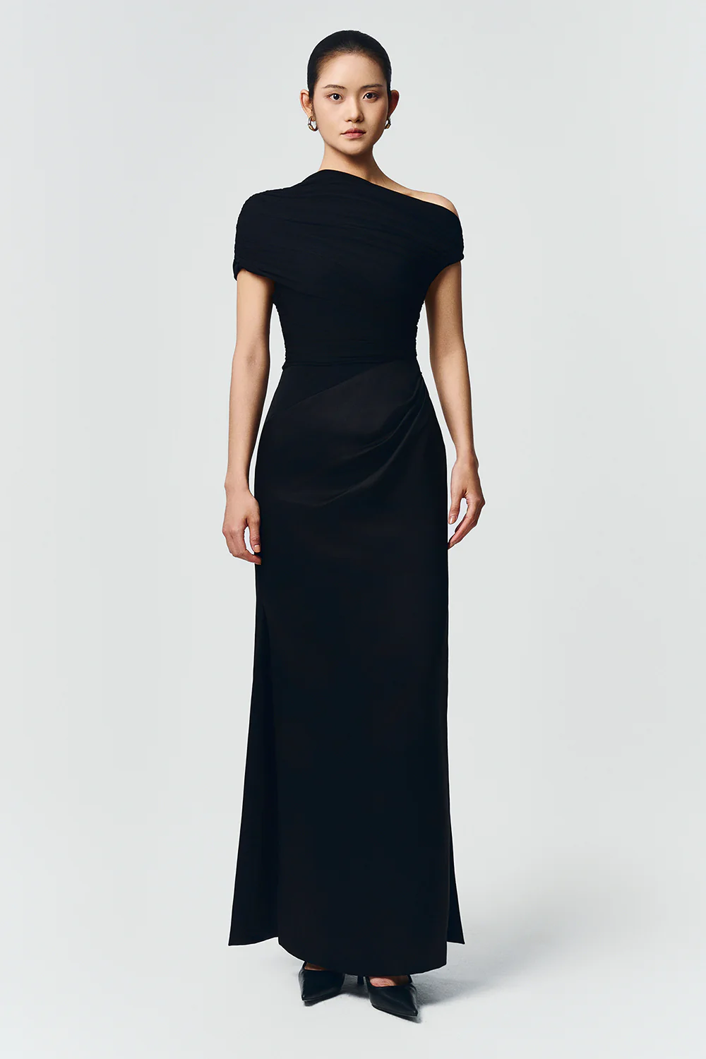 Enya Asymmetric Neck Gathering Maxi Dress
