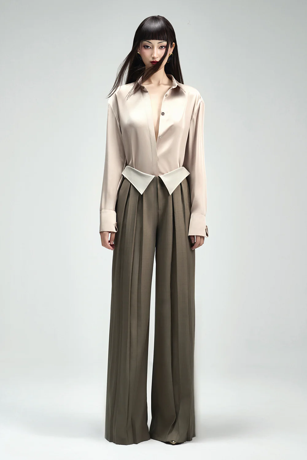 Francesca Straight Box Pleated Khaki Floor Length Pants