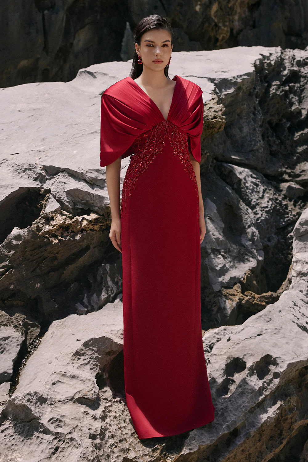 Alaia Sheath Cape Sleeved Crepe Floor Length Dress