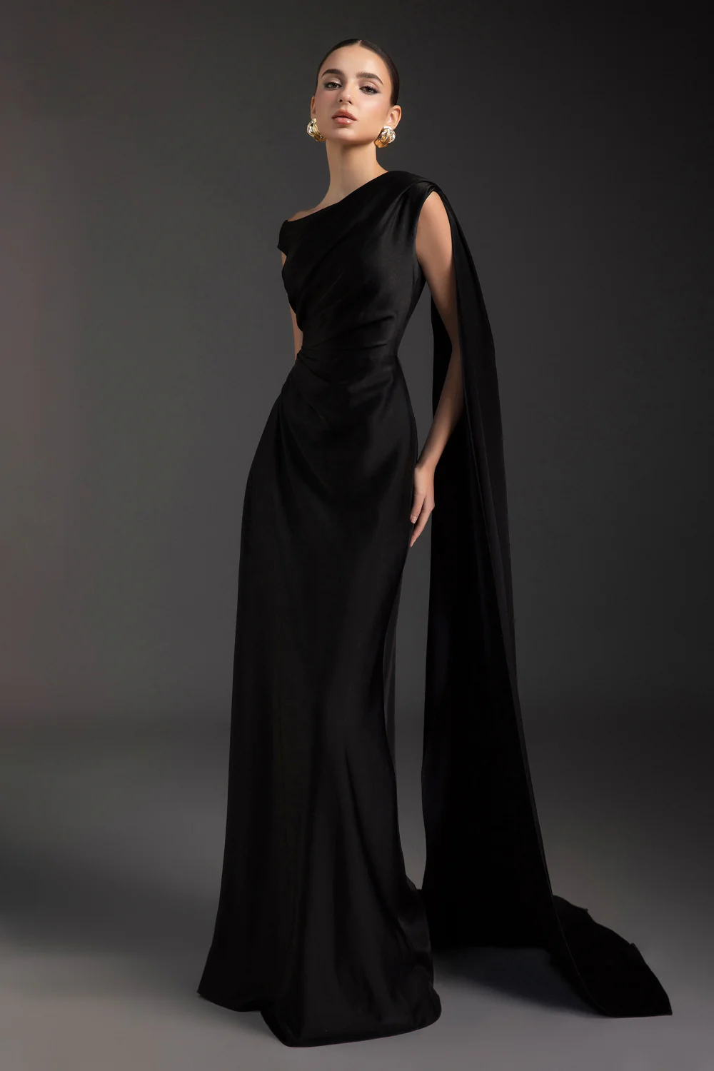 Grecian Asymmetric Neck Draped Maxi Dress