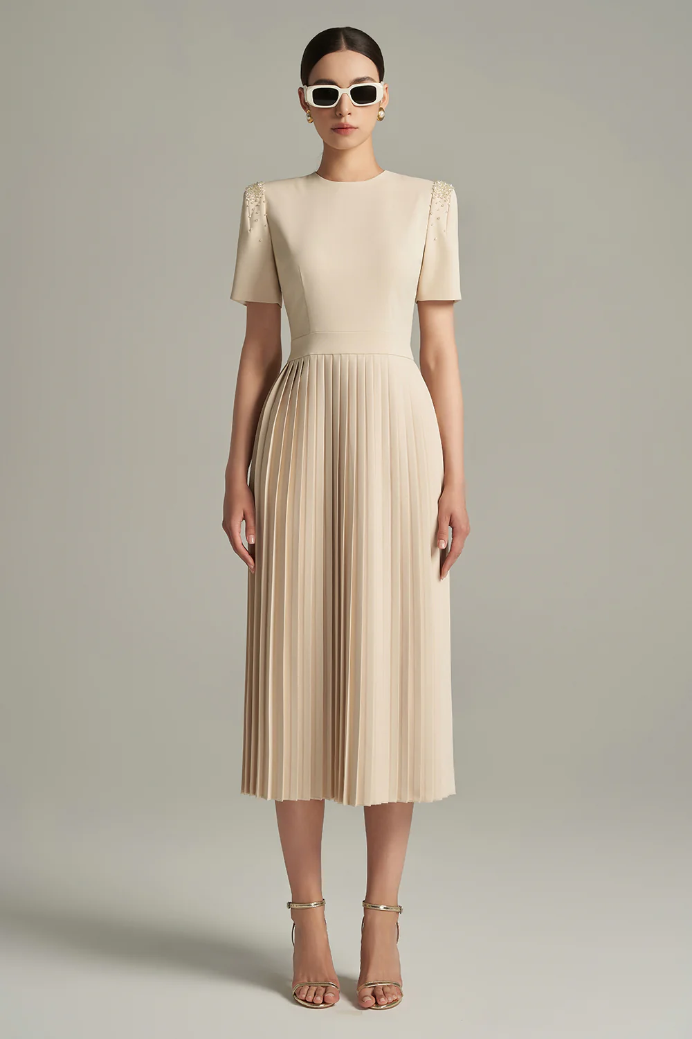 Brianna A-line Pleated Twill Calf Length Dress