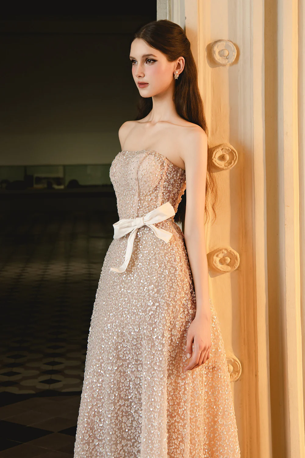 Harding A-line Straight Across Neck Mesh Midi Dress