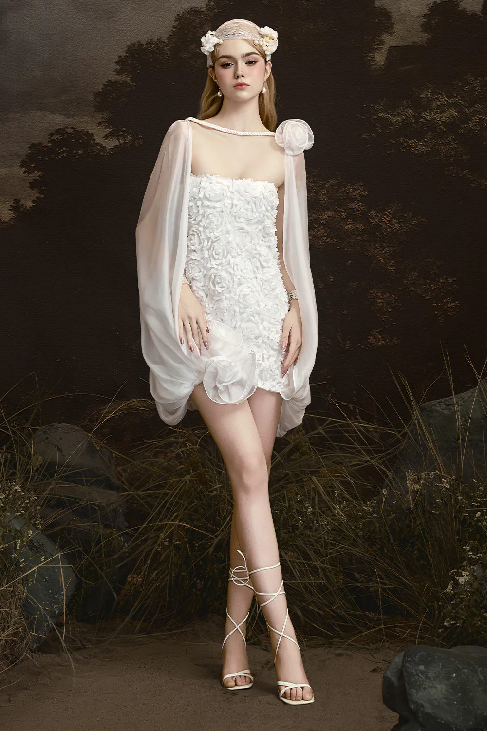 Cloudy Cape Sleeve Applique Mini Dress