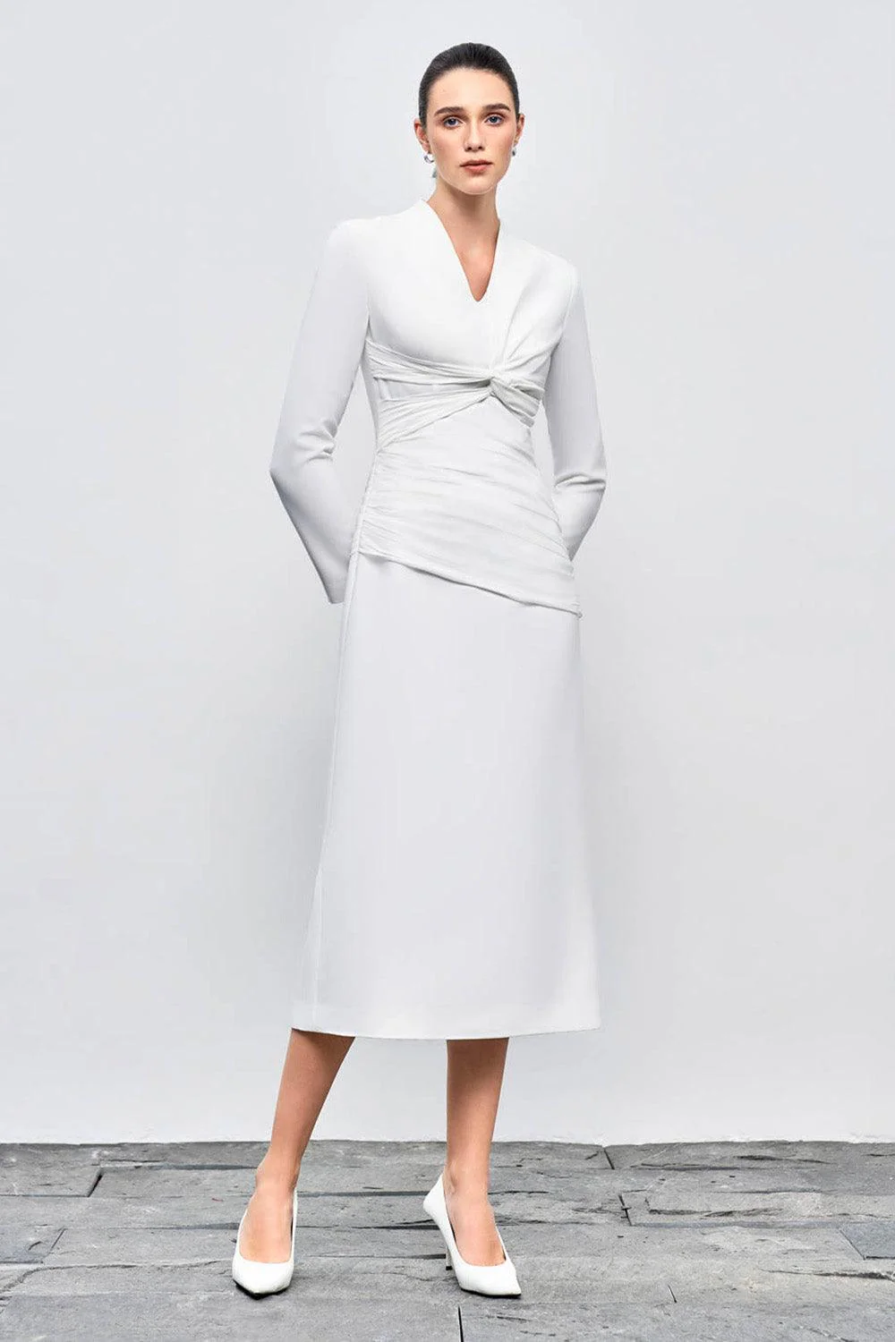 Elara Sheath V-Neck Cotton Blend Midi Dress