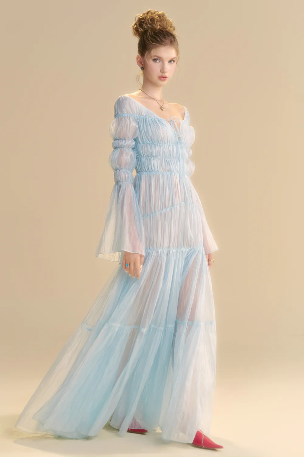 Aquarelle Poet Sleeve Gathering Maxi Dress