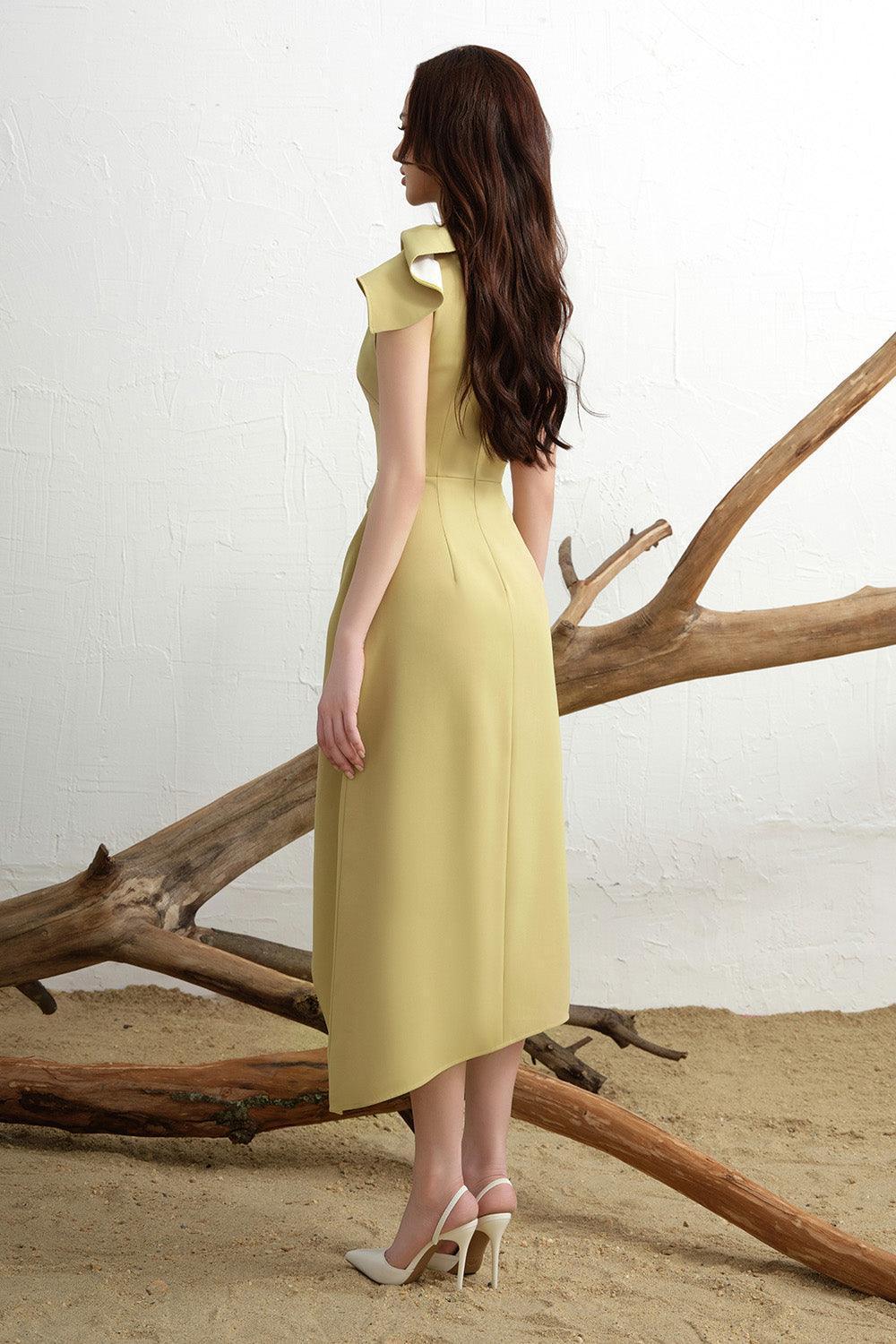 Calla Asymmetric Front Slit Twill Midi Dress